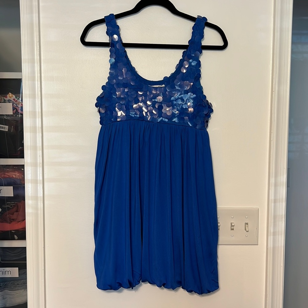 Alice + Olivia Y2K Bright Blue Paillette Silk Bubble Dress - Picture 5 of 14